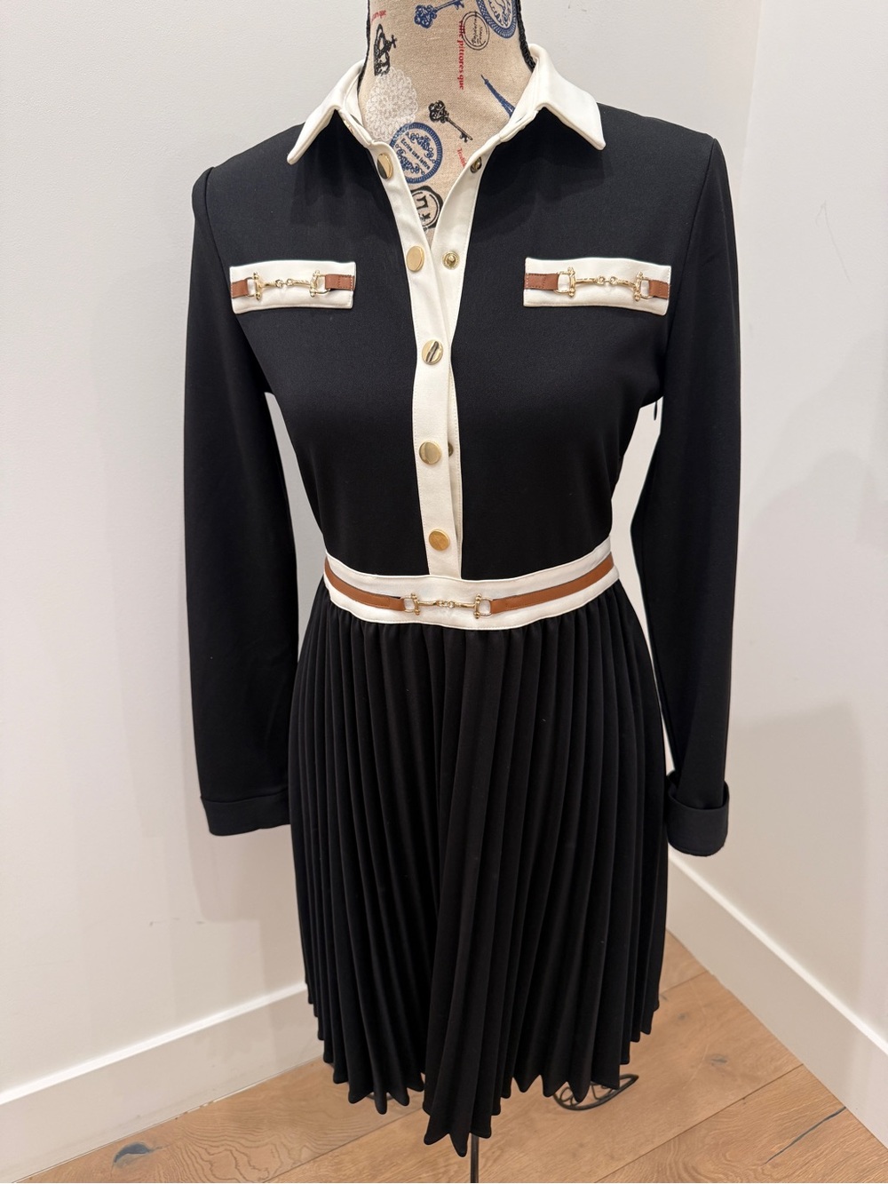 Maje Black Dress with Cream Trim and Brown Accents